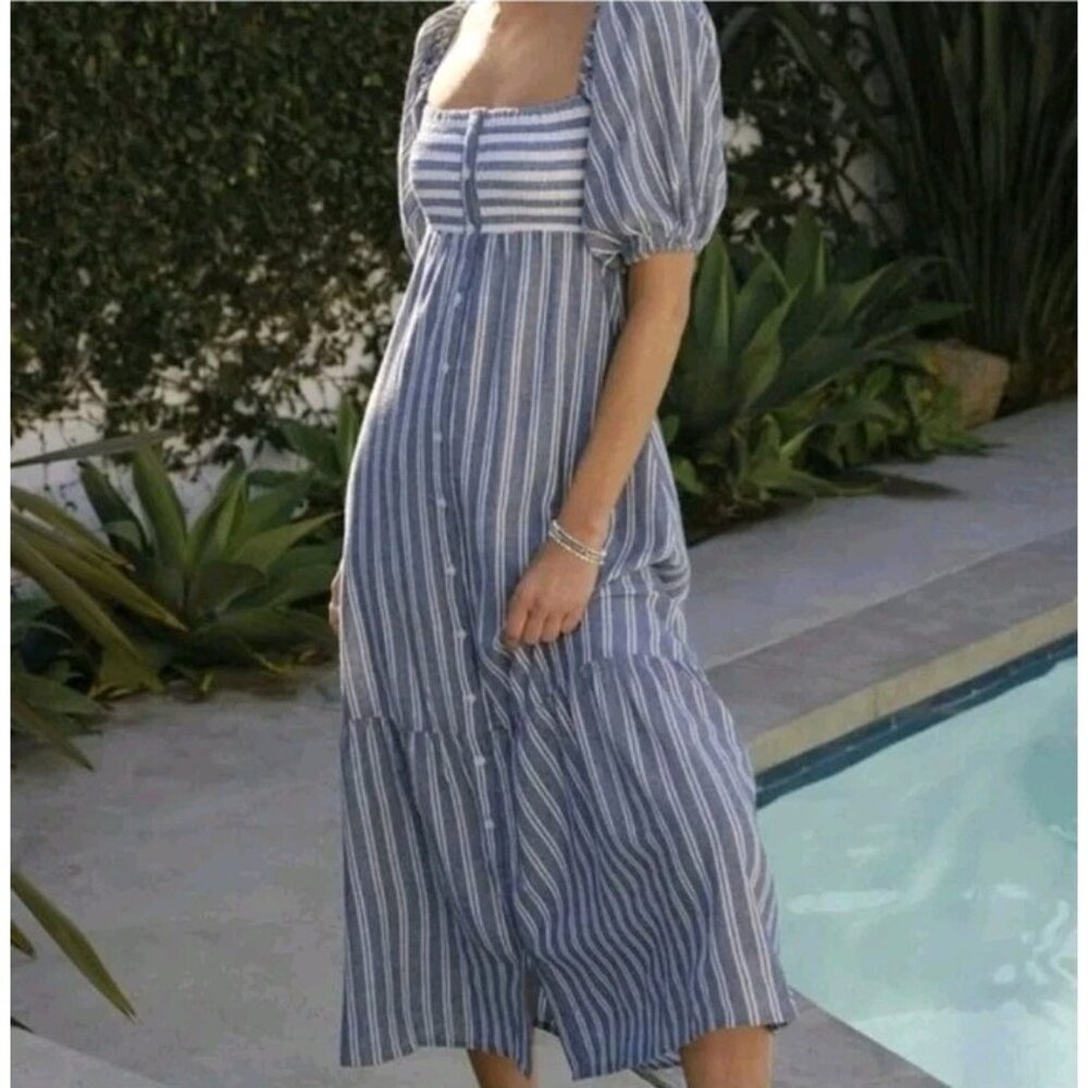 Emerson Fry Love Tomas Cotton Smock Striped Maxi Cottagecore Ruffle Dress XS S